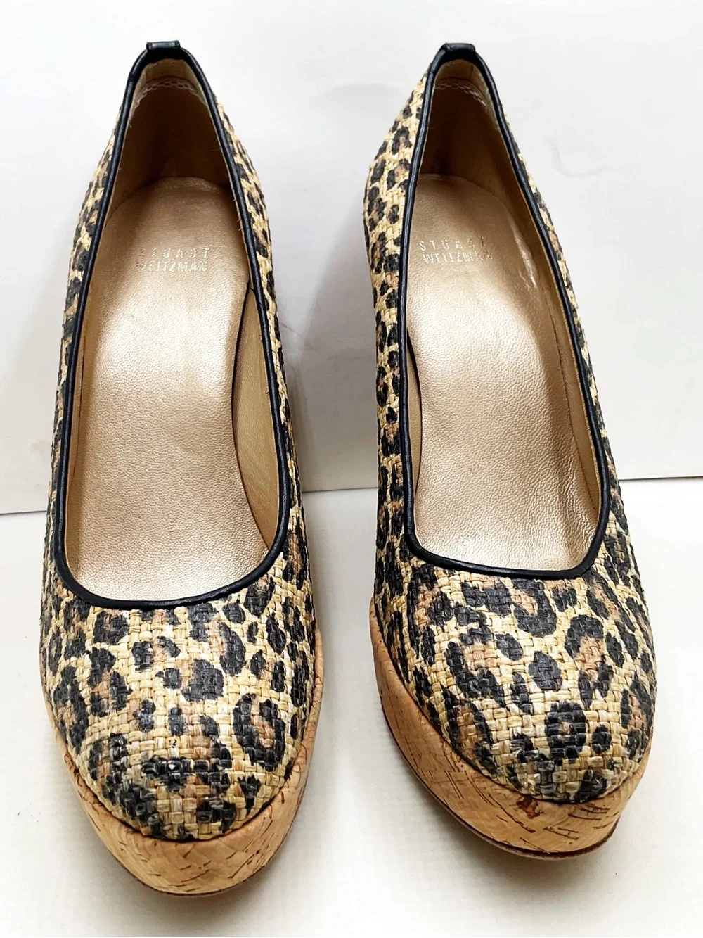 {Stuart Weitzman} Leopard-print Cork Wedge Raffia Platforms